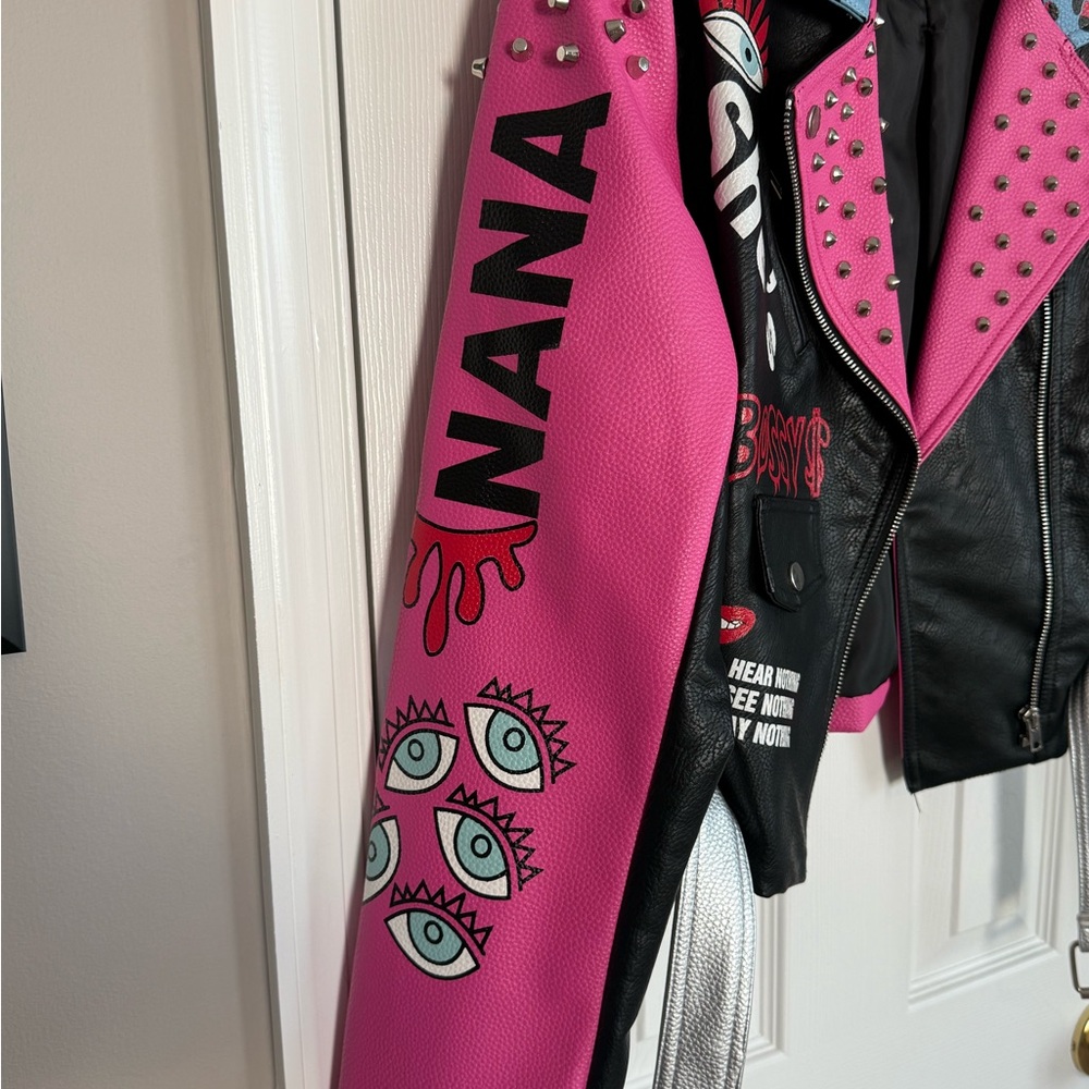 Stylish Vegan Leather Pink and Black Studded Women's Jacket - Picture 4 of 8